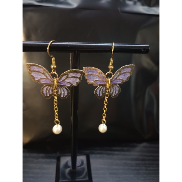 Handmade Jewelry - Butterfly Dangle Earrings Purple Fabric Wings Faux Pearl Drop Boho Lightweight